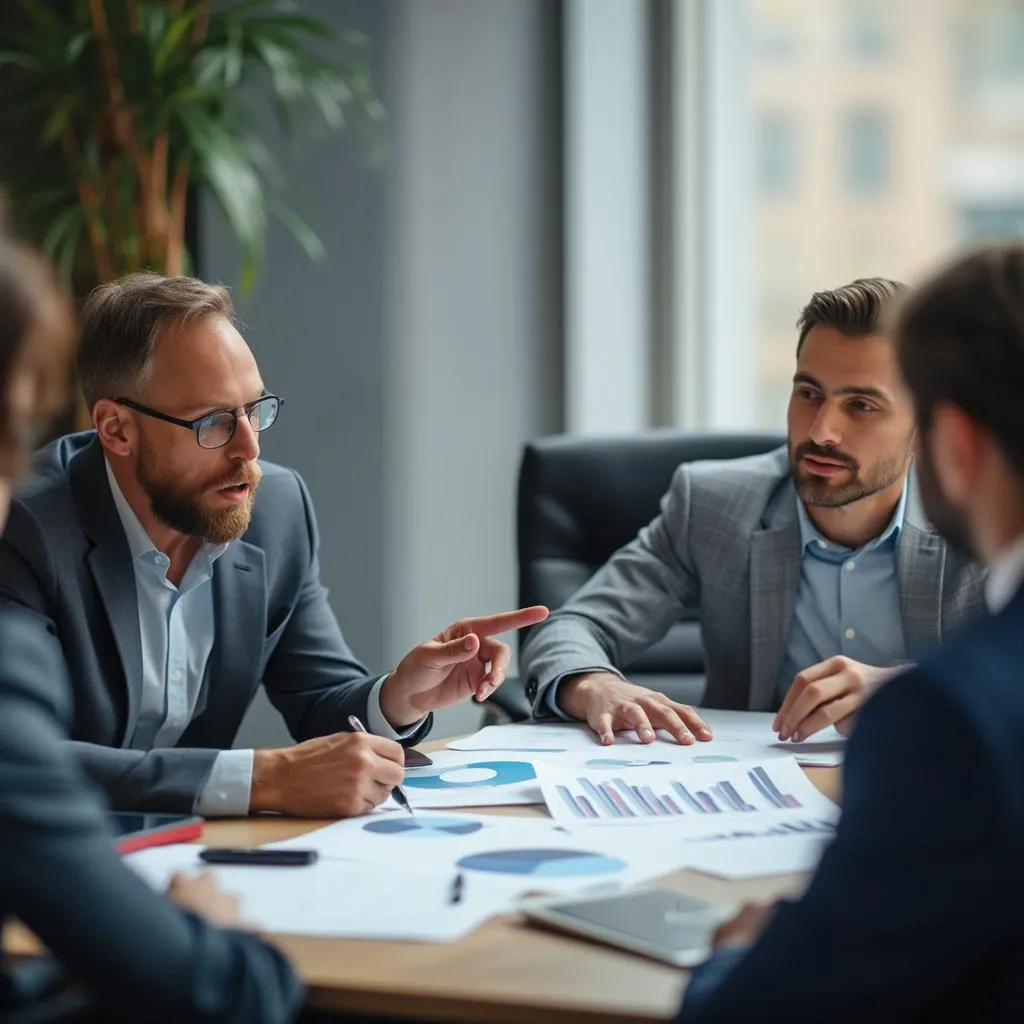 Consultor financiero en reunión con clientes