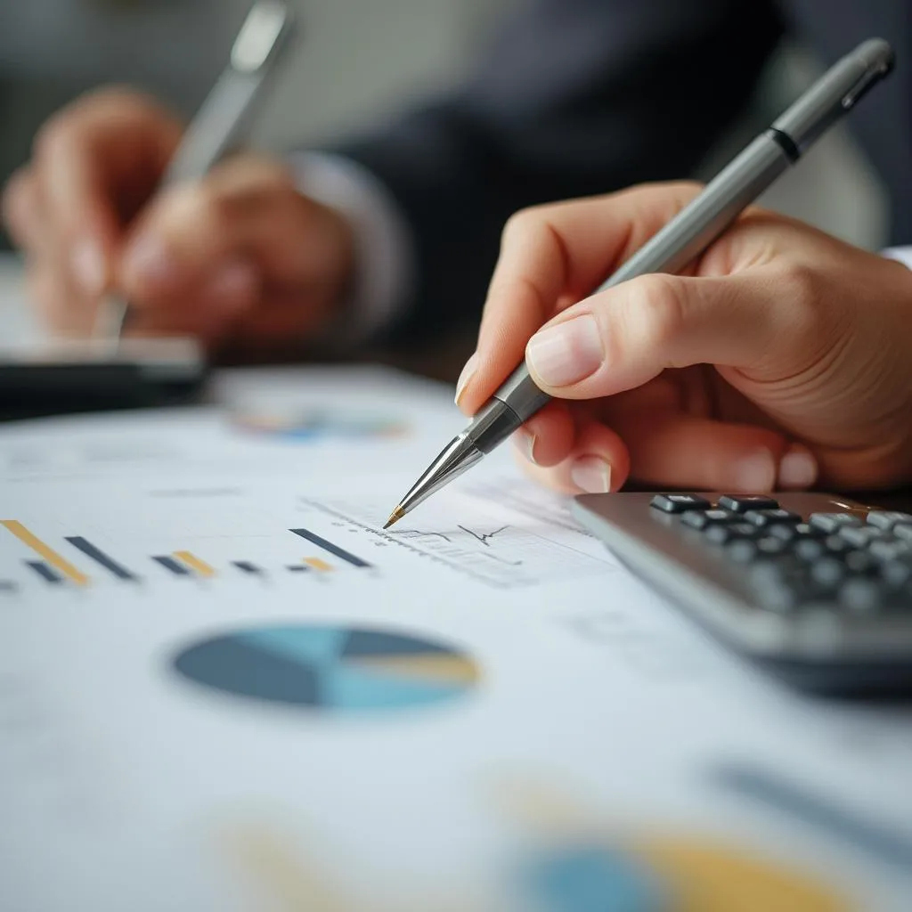 Manos escribiendo un informe financiero detallado